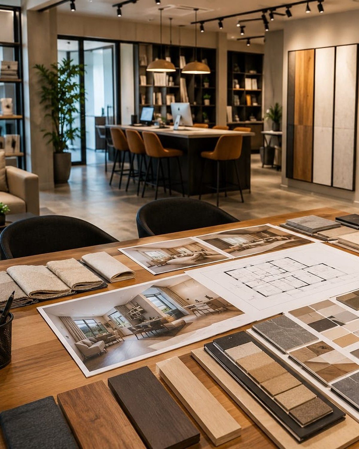 Design studio table with floor plans, mood boards and material samples used by Ram Interior