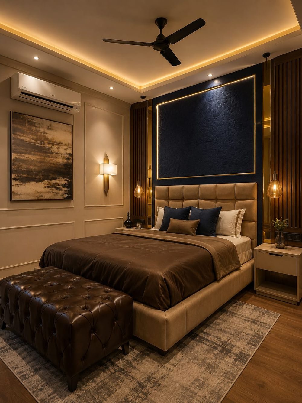 Navy and brown bedroom project executed by Ram Interior, Mumbai