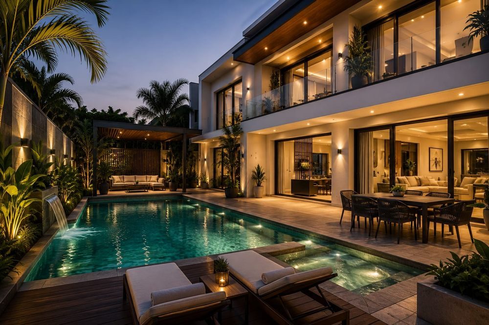 Villa exterior and poolside project executed by Ram Interior, Mumbai